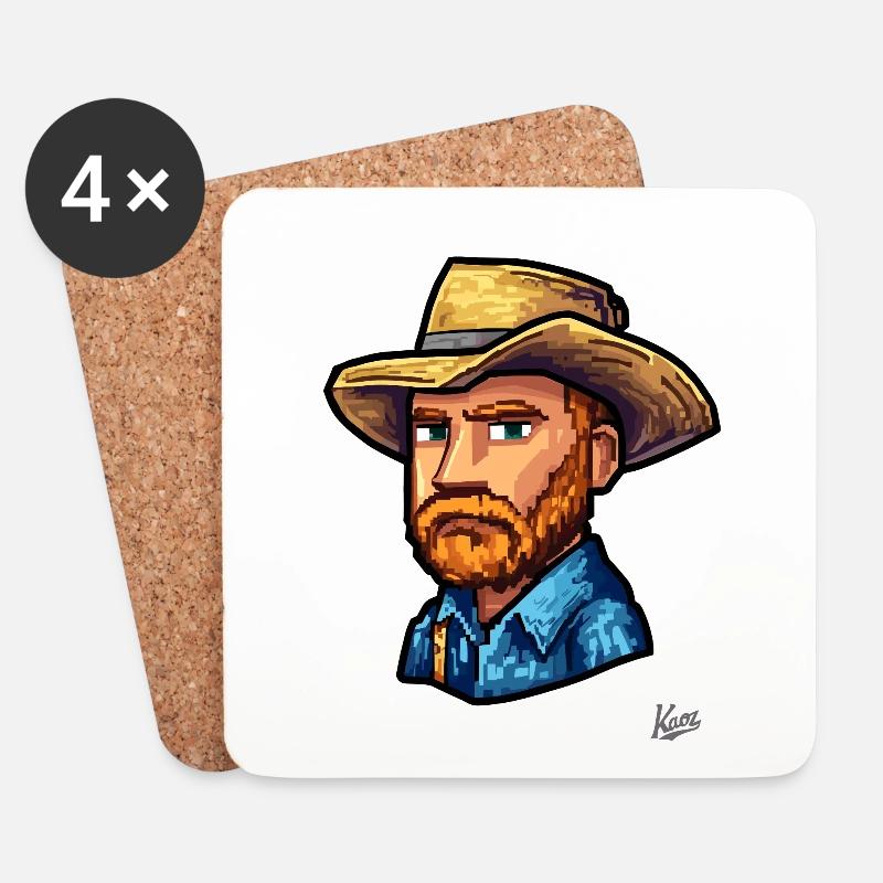 Van Funny Gogh: Pixel Maler Vincent mit Hut - Untersetzer (4er-Set) - Weiß