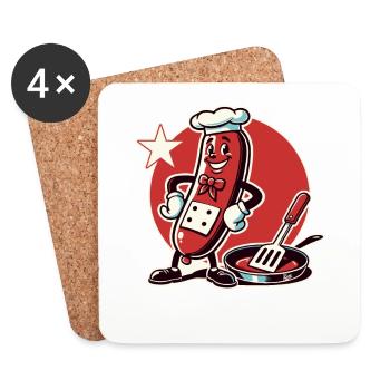 The chef is a funny bratwurst with a pan - Coasters (set of 4) - white - Front
