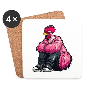 Coq de mode à la mode en plume rose Veste de poulet - Dessous de verre (lot de 4) - blanc - Devant