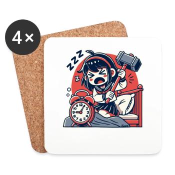 Fille fatiguée avec un marteau et un réveil - Dessous de verre (lot de 4) - blanc - Devant
