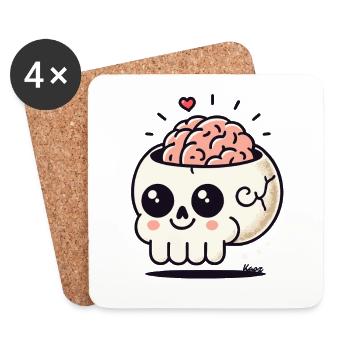 Mignon et fou : Crâne kawaii avec cœur et cerveau - Dessous de verre (lot de 4) - blanc - Devant