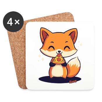 Renard kawaii mignon avec pizza - Dessous de verre (lot de 4) - blanc - Devant