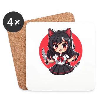 Chibi Cartoon Schoolgirl with Kitchen Knife - Coasters (set of 4) - white - Front