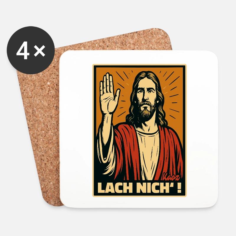 Jesus mit erhobener Hand und Spruch „Lach nich’!“ - Untersetzer (4er-Set) - Weiß
