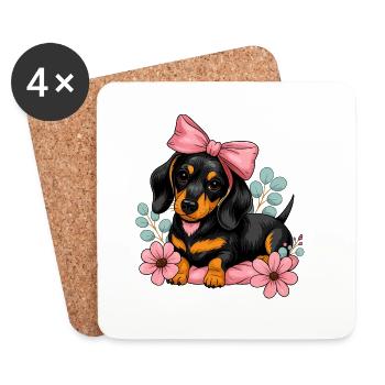 Teckel avec ruban rose et fleurs - Dessous de verre (lot de 4) - blanc - Devant