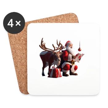 Weihnachtsgeschenkszene mit Weihnachtsmann-und-Rentieren - Untersetzer (4er-Set) - Weiß - Vorne