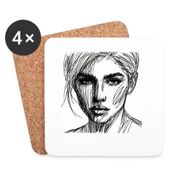 Portrait au trait expressif - Dessous de verre (lot de 4) - blanc - Devant