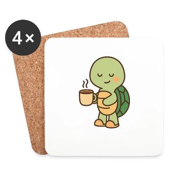 Tortue avec une tasse de café (à gauche) - Dessous de verre (lot de 4) - blanc - Devant