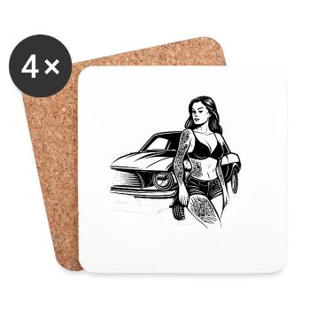 Tattoo-Pin-up und Oldtimer - Untersetzer (4er-Set) - Weiß - Vorne