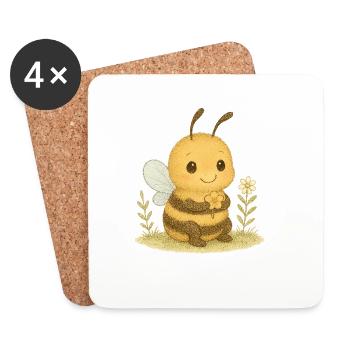 Abeille mignonne avec motif floral - Dessous de verre (lot de 4) - blanc - Devant