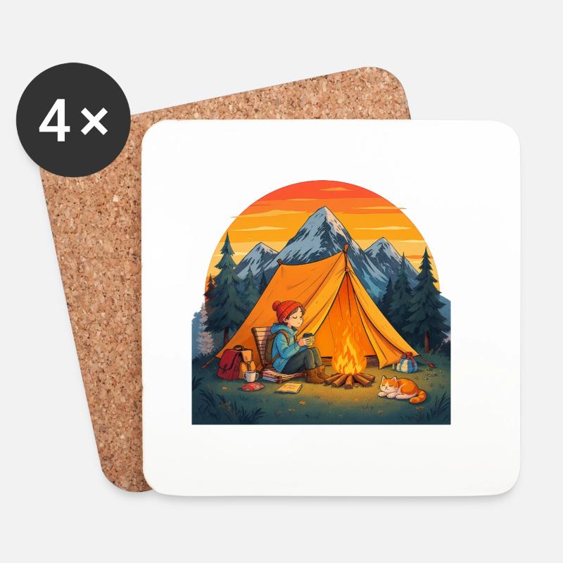 Camping mit Katze - Untersetzer (4er-Set) - Weiß