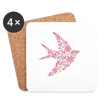 Nordic Floral - Bright Pink Rose Bird - Coasters (set of 4) - white - Front