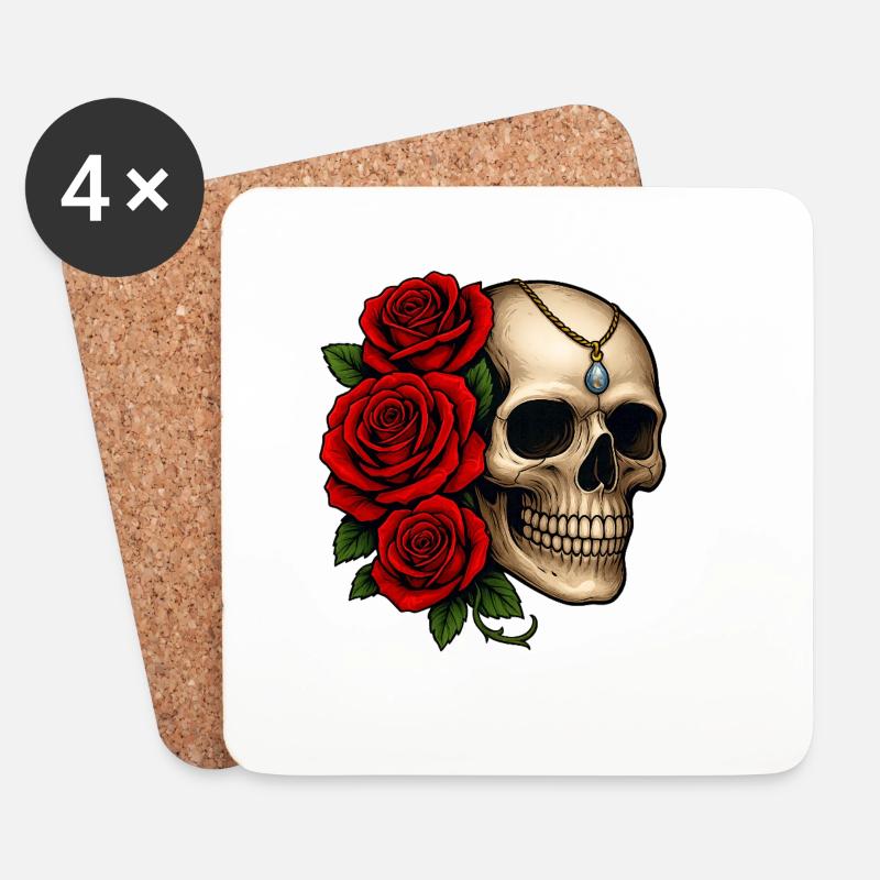 Rosen & Totenschädel Tattoo Design - Untersetzer (4er-Set) - Weiß