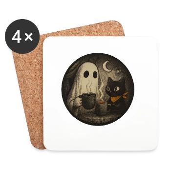 Nocturnal Meeting with Ghost Cat - Vintage Des - Coasters (set of 4) - white - Front