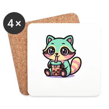 Kawaii Raccoon Drinking Boba Tea  - Dessous de verre (lot de 4) - blanc - Devant