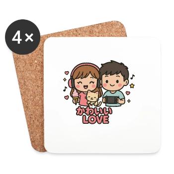 Couple d’amour kawaii avec chat et jeux - Dessous de verre (lot de 4) - blanc - Devant