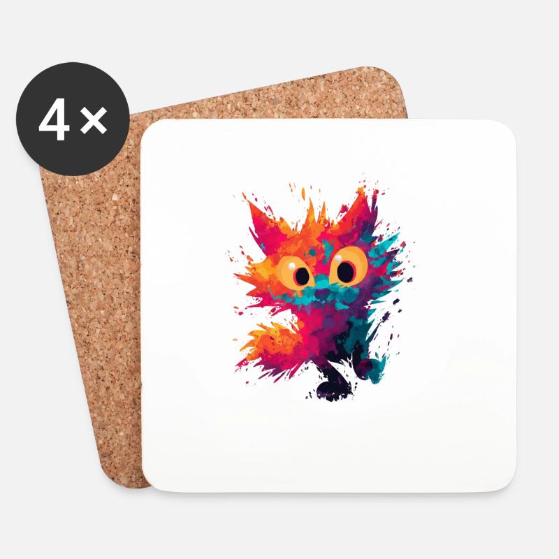 Watercolor_Spiky_Cat_Art - Untersetzer (4er-Set) - Weiß