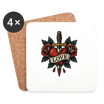 Tatouage de dague en forme de cœur avec des roses - Dessous de verre (lot de 4) - blanc - Devant