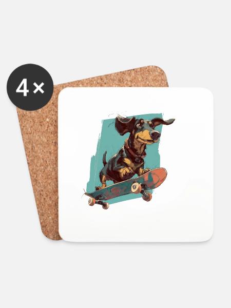 Skateboard-Dackel - Untersetzer (4er-Set) - Weiß