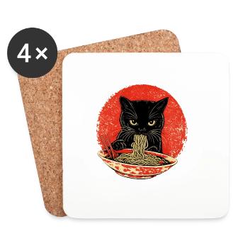 Cat Vintage – Black Cat with Noodles Japan - Coasters (set of 4) - white - Front