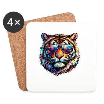 Tigre psychédélique avec des lunettes de soleil - Dessous de verre (lot de 4) - blanc - Devant