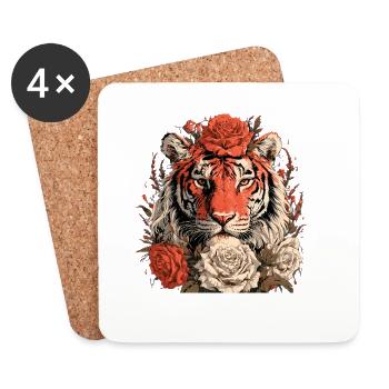 Tiger mit Blumenkrone - Untersetzer (4er-Set) - Weiß - Vorne