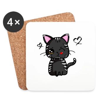 Kawaii cat with kissing mouth (black) | Kawaii animals - Coasters (set of 4) - white - Front