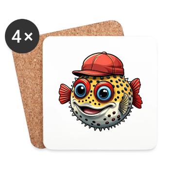 Lustiger Kugelfisch mit roter Basecap - Untersetzer (4er-Set) - Weiß - Vorne