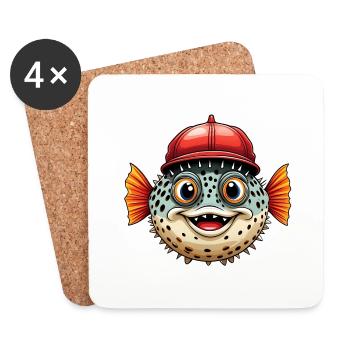 Lustiger Kugelfisch mit roter Basecap - Untersetzer (4er-Set) - Weiß - Vorne