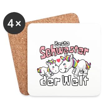 Beste Schwester der Welt - Einhorn Geschwister - Untersetzer (4er-Set) - Weiß - Vorne