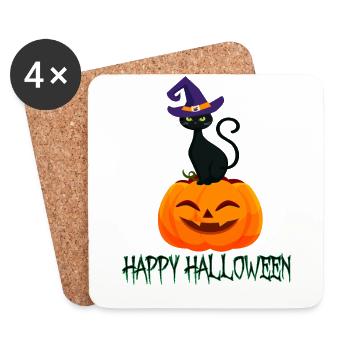 Pumpkin with cute kitten and a hat on her head - Coasters (set of 4) - white - Front