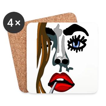 Yeux sur le visage du modèle aux lèvres rouges - Dessous de verre (lot de 4) - blanc - Devant