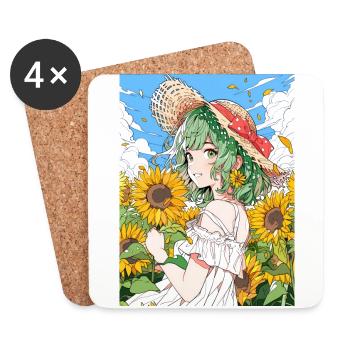 Anime, Fille, Cadeau, Tournesols - Dessous de verre (lot de 4) - blanc - Devant