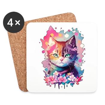 Unique pastel watercolors cat - Coasters (set of 4) - white - Front