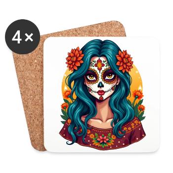 Mexikanerin Dia de los Muertos Zuckerschädel - Untersetzer (4er-Set) - Weiß - Vorne