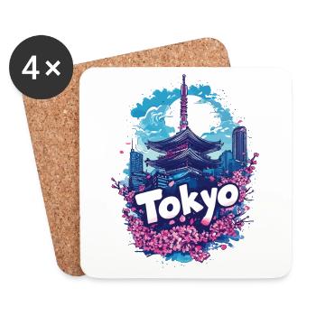 Tokyo, Japon, Pagode, Ville, Horizon, Soleil, Fleurs - Dessous de verre (lot de 4) - blanc - Devant
