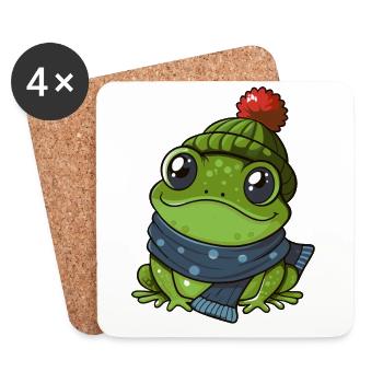 Grenouille mignonne avec écharpe et chapeau à pompon. - Dessous de verre (lot de 4) - blanc - Devant