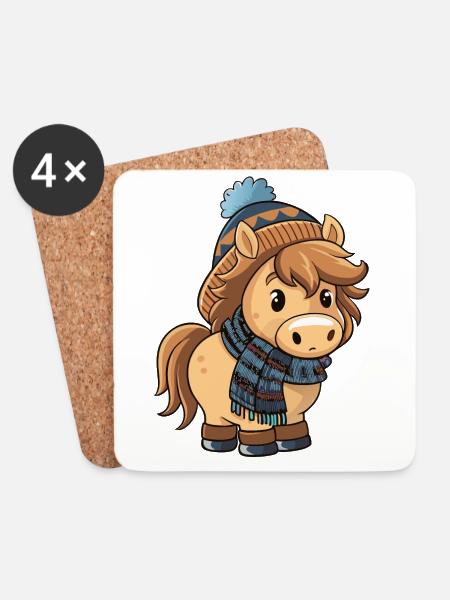 Niedliches Pony mit Schal und Pudelmütze. - Untersetzer (4er-Set) - Weiß