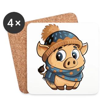 Mignon cochon avec écharpe et chapeau à pompon. - Dessous de verre (lot de 4) - blanc - Devant