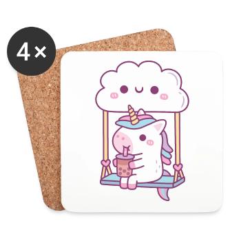 Mignonne Licorne buvant du thé Boba sur Cloud Swing - Dessous de verre (lot de 4) - blanc - Devant