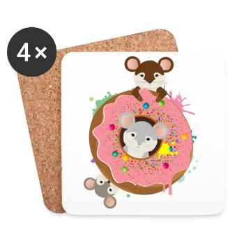 Trois souris mignonnes et un beignet avec un glaçage rose - Dessous de verre (lot de 4) - blanc - Devant