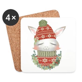 weißes Kaninchen mit Pullover,Bommelmütze & Kranz - Untersetzer (4er-Set) - Weiß - Vorne