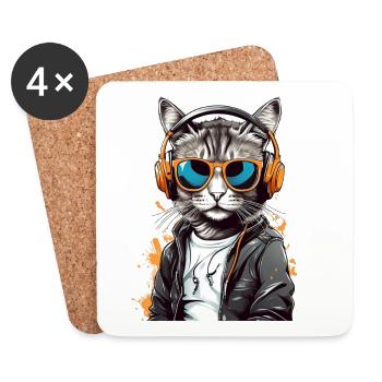 Cat DJ avec casque - Dessous de verre (lot de 4) - blanc - Devant