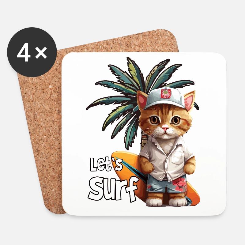 Let`s Surf Katze mit Surfbrett - Untersetzer (4er-Set) - Weiß