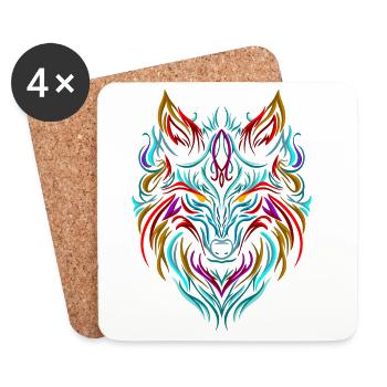 Wolf Tattoo Bunt - Untersetzer (4er-Set) - Weiß - Vorne