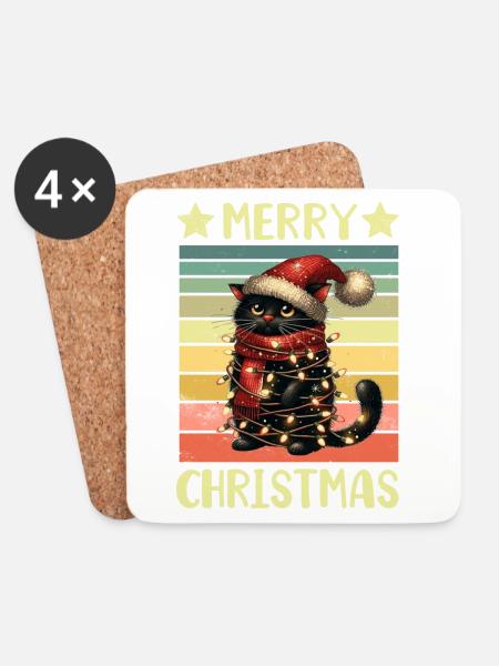 Schwarze Katze Weihnachten - Untersetzer (4er-Set) - Weiß
