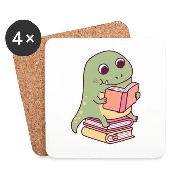 Cute T-rex Dinosaur Reading A Book - Coasters (set of 4) - white - Front