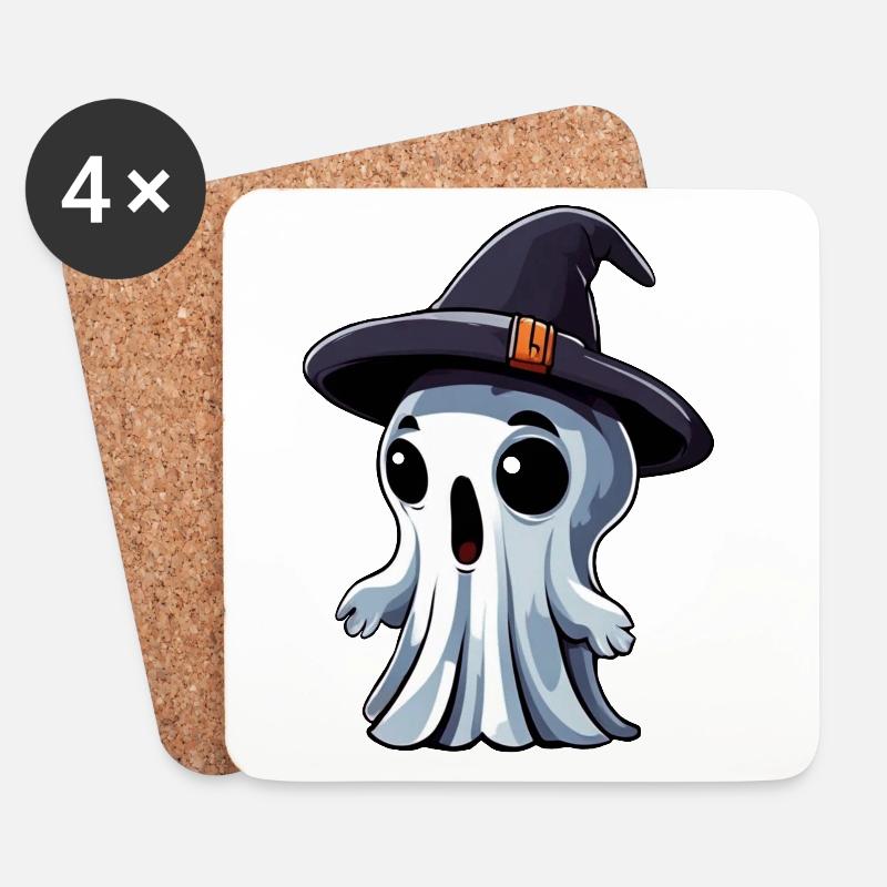 Halloween: Geist mit Hut - Untersetzer (4er-Set) - Weiß