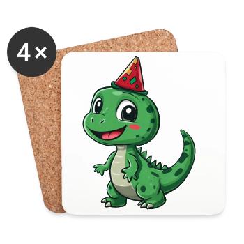Cute Dinosaur with Party Hat - Fun and Playful - Coasters (set of 4) - white - Front
