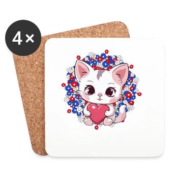 Cat Cats Mother's Day Heart Hearts Kitten Flowers - Coasters (set of 4) - white - Front